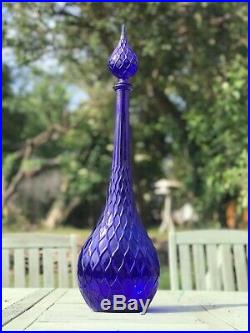 Cobalt Blue Net Pattern Empoli Glass Decanter Genie Bottle 1960s Mcm Vintage