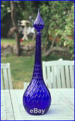 Cobalt Blue Net Pattern Empoli Glass Decanter Genie Bottle 1960s Mcm Vintage