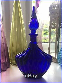 Cobalt Blue Ribbed Effect Vintage MCM Italian Empoli Genie Bottle Decanter Glass