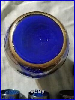 Cobalt Blue Silver Vintage Antique Decanter with Stopper & 3 Shot Glasses. Sake
