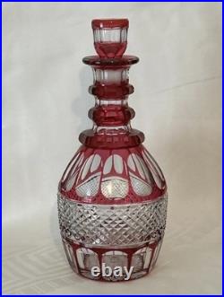 Cranberry Red Cut To Clear Vintage Glass Decanter Blarney Notches Diamonds