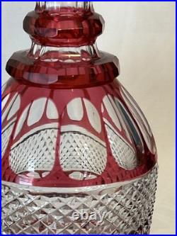 Cranberry Red Cut To Clear Vintage Glass Decanter Blarney Notches Diamonds