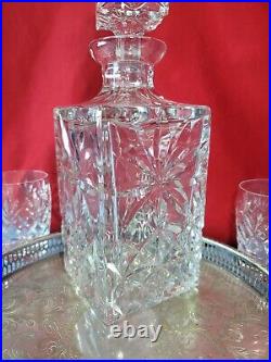 Crystal Glass Decanter Set Vintage with 5 Glasses & Pitcher & Silver Plated Tray