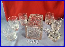 Crystal Glass Decanter Set Vintage with 5 Glasses & Pitcher & Silver Plated Tray