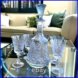 Czech 6-Piece Mid-Century Liqueur Cordial Crystal Decanter Set Vintage