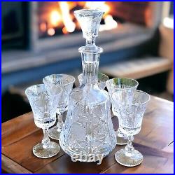 Czech 6-Piece Mid-Century Liqueur Cordial Crystal Decanter Set Vintage