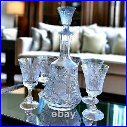 Czech 6-Piece Mid-Century Liqueur Cordial Crystal Decanter Set Vintage