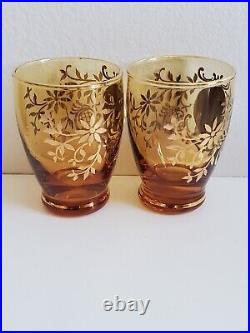 Czech Bohemian Decanter Cordial Glasses Set Hand Painted Amber Gold Trim Vintage