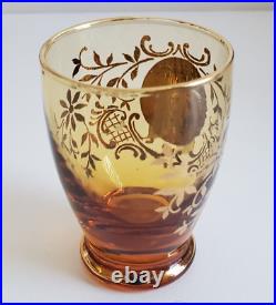 Czech Bohemian Decanter Cordial Glasses Set Hand Painted Amber Gold Trim Vintage