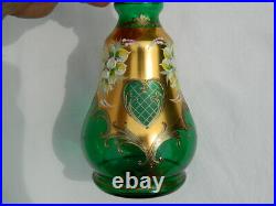 Czech Bohemian Decanter Cordial Set Green 24K Gold Flowers Art Glass Label
