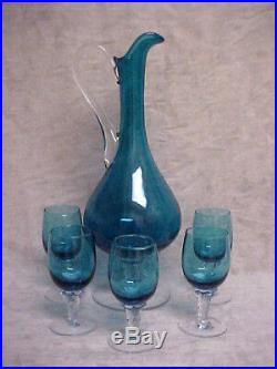 DECANTER & STEM GLASS SET Beverage / Wine Aqua Marine Blue Rare very vintage