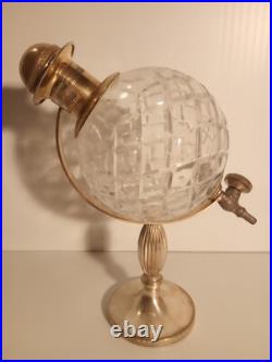DECANTER Vintage Glass Globe Alcohol Bottle w Metal Stand 12.5 X 12.5 MCM