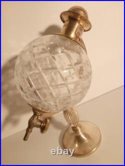 DECANTER Vintage Glass Globe Alcohol Bottle w Metal Stand 12.5 X 12.5 MCM