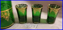 Dark Green Glass & Gold Filigree Decanter Set with Six Glasses 1970s Vintage