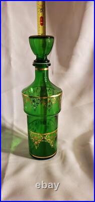 Dark Green Glass & Gold Filigree Decanter Set with Six Glasses 1970s Vintage