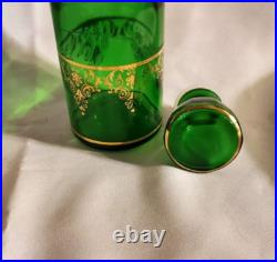 Dark Green Glass & Gold Filigree Decanter Set with Six Glasses 1970s Vintage