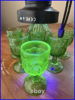 Decanter + 6 Vintage Green Moon & Star Cordial Glasses UV Reactive Uranium 3.75