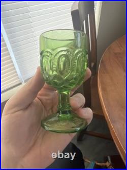 Decanter + 6 Vintage Green Moon & Star Cordial Glasses UV Reactive Uranium 3.75