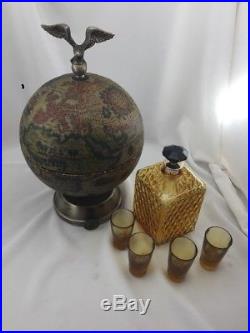 Decanter Liquor & Shot Glass Set Musical Miniature World Globe Desk Eagle Vtg