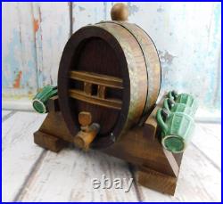 Decanter Oak Barrel Whisky Wooden Stand Glasses Bar Barware Display Vtg (Read)