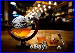 Decanter Whiskey Liquor Vintage Glass World Globe Scotch Wine Antique 2 Glasses