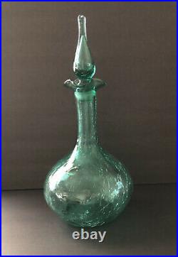 Decanter and Teardrop Stopper Crackle Glass Green Aqua MCM 12.5tall Vintage
