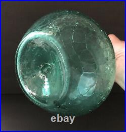 Decanter and Teardrop Stopper Crackle Glass Green Aqua MCM 12.5tall Vintage