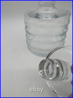 Designer Ribbed Glass Decanter Small Hand Blown Round Vintage Style Clear