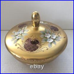 Egermann Bohemian Glass Bowl Gilded Paint Enamel Flowers Lid Candy Jewelry VTG