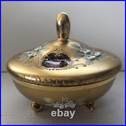 Egermann Bohemian Glass Bowl Gilded Paint Enamel Flowers Lid Candy Jewelry VTG