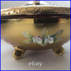 Egermann Bohemian Glass Bowl Gilded Paint Enamel Flowers Lid Candy Jewelry VTG