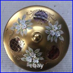 Egermann Bohemian Glass Bowl Gilded Paint Enamel Flowers Lid Candy Jewelry VTG