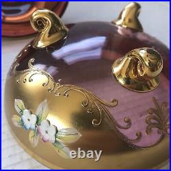 Egermann Bohemian Glass Bowl Gilded Paint Enamel Flowers Lid Candy Jewelry VTG