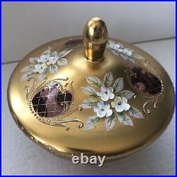 Egermann Bohemian Glass Bowl Gilded Paint Enamel Flowers Lid Candy Jewelry VTG