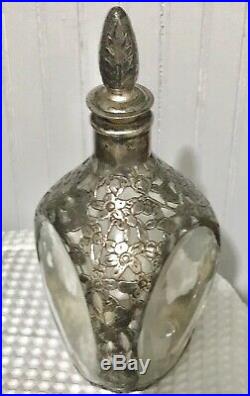 Elegant Chinese Export Silver Filigree Pinched 3 Sided Glass Decanter Marked Vtg