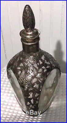 Elegant Chinese Export Silver Filigree Pinched 3 Sided Glass Decanter Marked Vtg