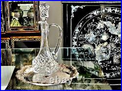 Elegant Vintage Hand Cut Crystal Decanter 2 Crystal Glasses Silver Tray C 1960