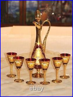 Elegant Vintage Red Murano Tre Fuochi Liqueur Set Decanter Stopper Six Glasses