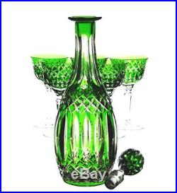 Emerald Green Cut to Clear Crystal Wine Decanter & 6 Goblets Set Vintage