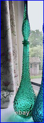 Emerald green Hobnail Genie Bottle 1960s Art Glass Vintage Empoli Decanter MCM