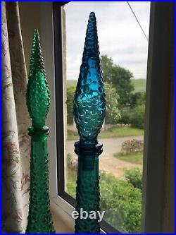 Emerald green Hobnail Genie Bottle 1960s Art Glass Vintage Empoli Decanter MCM
