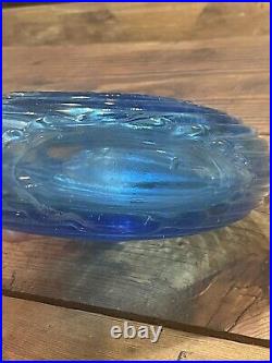 Empoli Blenko Glass Decanter Turquoise Ice Blue Squat Bottle Vintage MCM Italy