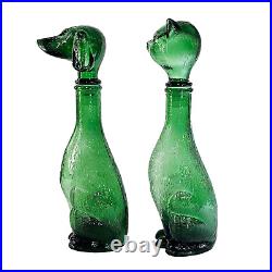 Empoli Cat & Dog Decanter Italian Emerald Green Glass Bottle Mid C. Set of (2)