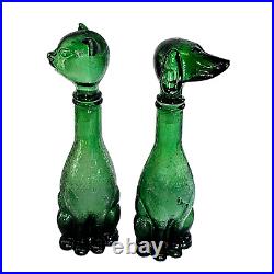 Empoli Cat & Dog Decanter Italian Emerald Green Glass Bottle Mid C. Set of (2)