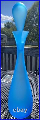 Empoli Genie Bottle Blue Satin Frosted Glass Decanter 23-1/2 Mid Century Modern