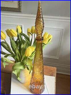 Empoli Glass Bottle Decanter With Stopper Amber Drip Pattern Genie MCM Vintage