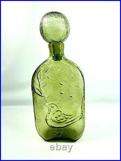 Empoli Green Glass Decanter Bottle & Stopper Embossed Dove Bird Italy