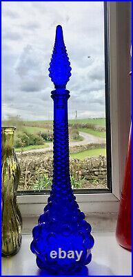 Empoli Italian Cobalt blue bubble Hobnail decanter Genie bottle MCM Vintage