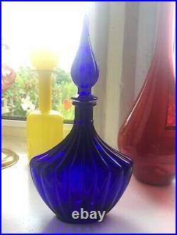Empoli Italian Cobalt blue ribbed decanter Genie bottle MCM Vintage 1960s