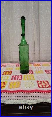 Empoli Italian Glass Decanter Emerald Green Fruit Emboss Stop 21 VTG 60s Large
